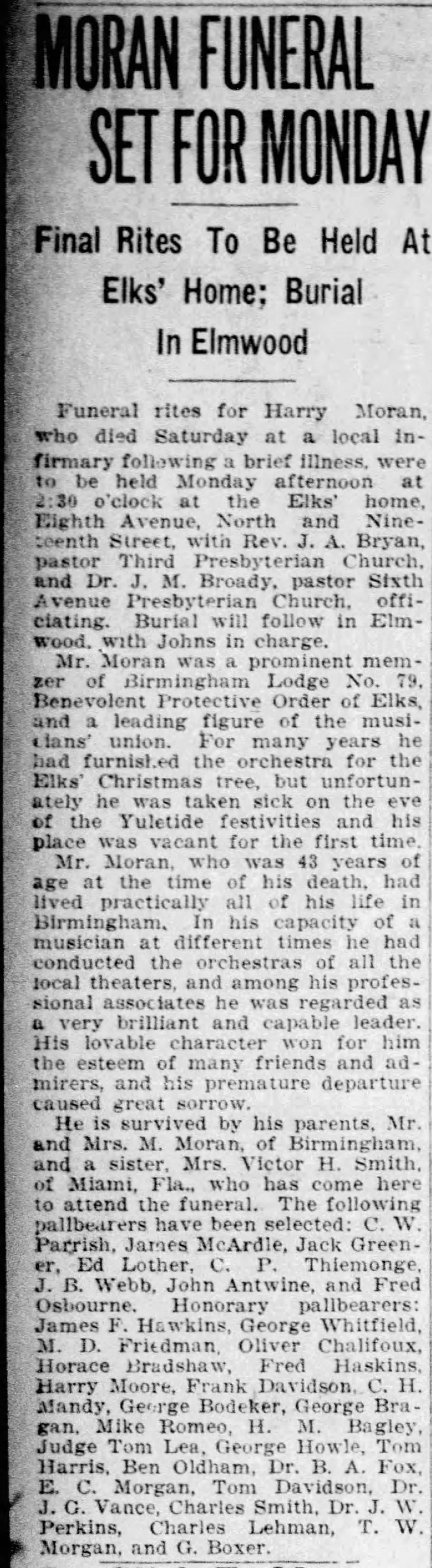 Moran Funeral Set For Monday